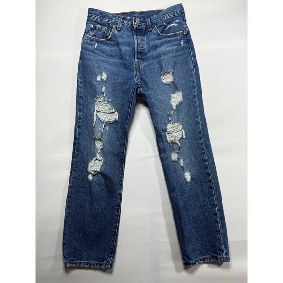 Levi's 501 S Women's Distressed Button Fly Straight Jeans - Size 27x26 (28x25.5) - Picture 1 of 5